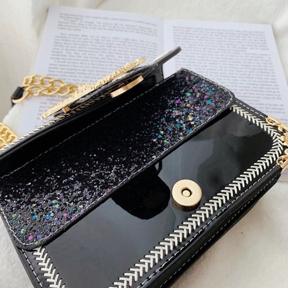 Graphite Chain Glitter Leather Shoulder Bag / Crossbody Bag (Black) - Picture 6 of 7